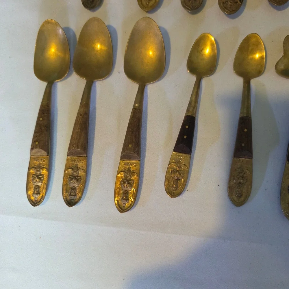 Vintage Siam Bronze Wood Flatware Set 28pc Thai Deity Brass Mid Century Modern‎